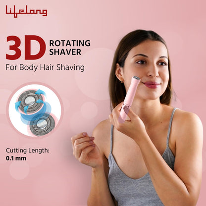 Lifelong Rechargeable Body Hair Trimmer for Women | 1 Year Warranty | 4 in 1 Women Full Body Trimmer for Bikini, Face, Full Body, Nose, Ear, Eyebrow, Underarms Trimmer | 60 Minutes Runtime | Hair Removal Machine for Women (Pink)