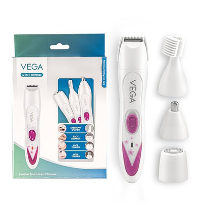 Vega Feather Touch 4-in-1 Trimmer for Women with Rechargeable Cordless, 60min Runtime, Suitable for trimming Eyebrows, Nose, Face & Bikini Area (VHBT-03) White