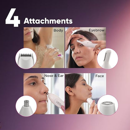 Vega Feather Touch 4-in-1 Trimmer for Women with Rechargeable Cordless, 60min Runtime, Suitable for trimming Eyebrows, Nose, Face & Bikini Area (VHBT-03) White