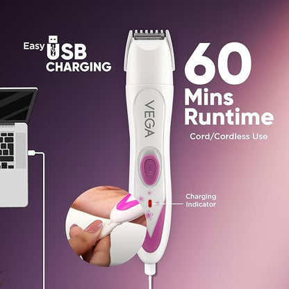 Vega Feather Touch 4-in-1 Trimmer for Women with Rechargeable Cordless, 60min Runtime, Suitable for trimming Eyebrows, Nose, Face & Bikini Area (VHBT-03) White