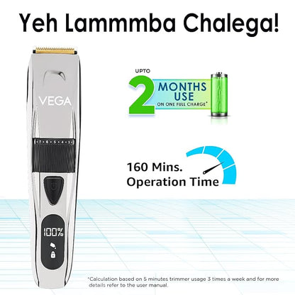 Vega P3 Battery Powered Trimmer Men with 160 Mins Runtime, Titanium Blades, 2 Comb Attachment, Digital Display & 40 Length Settings, Silver, (Power Series P3 VHTH-27)