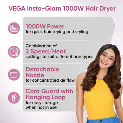 Vega Insta Glam Foldable 1000 Watts Hair Dryer with 2 Heat & Speed Settings, Detachable Nozzle, Overheat Cut-out, Quick Dry with 1000W, Hair Dryer for Women, VHDH-20, (Made in India), Pink & White