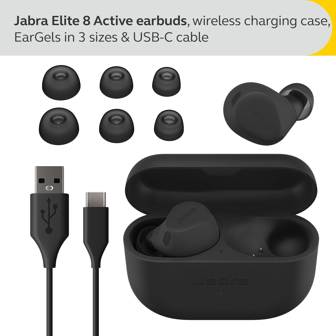 Jabra Elite 8 Active Wireless in-Ear Bluetooth Earbuds with Adaptive Hybrid Active Noise Cancellation and 6 Built-in Microphones, Water and Sweat Resistant - Black