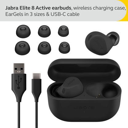 Jabra Elite 8 Active Wireless in-Ear Bluetooth Earbuds with Adaptive Hybrid Active Noise Cancellation and 6 Built-in Microphones, Water and Sweat Resistant - Black