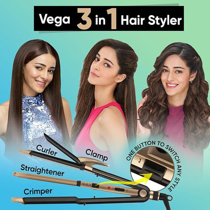 Vega 3 in 1 Hair Styler for Women, (India's No.1* Hair Styler Appliance Brand) Straightener, Curler and Crimper, Suitable for All Hair Types, Gold-Black (VHSCC-01)