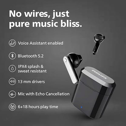 PHILIPS Audio TWS TAT3225/94 True Wireless Earbuds with 24 Hour Playtime (6+18), IPX4 Splash- and Sweat-Resistant, Bluetooth V5.2, Smart Pairing, 13 mm Drivers, Voice Assistant (Black)