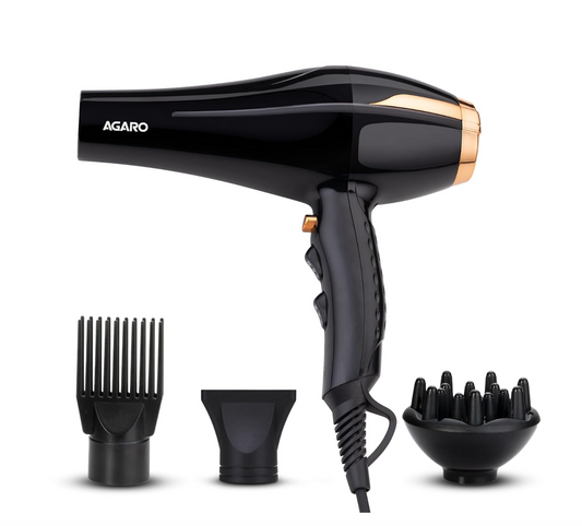 AGARO HD-1130 2000 Watts Professional Hair Dryer with AC Copper Motor, Concentrator, Diffuser, Comb, Hot & Cold Air, 2 Speed 3 Temperature Settings with Cool Shot, For both Men & Women, Black
