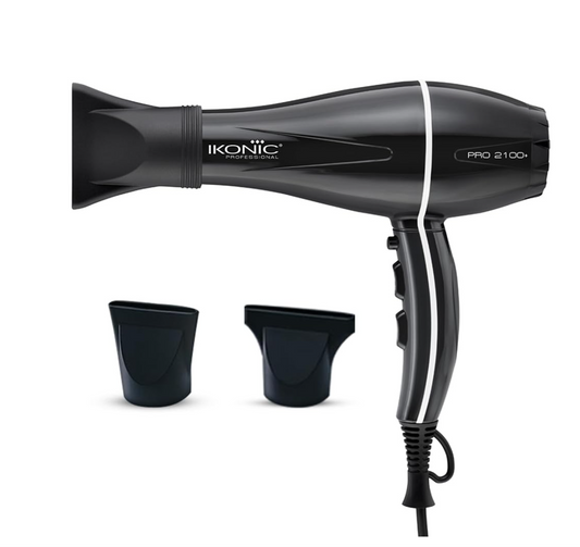 Ikonic Pro 2100+ Hair Dryer 2000W, Black, 3 heat and 2 speed settings, Cool Shot, Low Noise Function Interchangeable Nozzles, Professional Styling, For Women and Men, All Hair Type