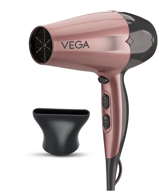 Vega Go Pro 2100 Watts Professional Hair Dryer with Detachable Nozzle, 2 Speed & 3 Temperature Settings with Cool Shot Button, Hair Dryer for Men & Women (VHDH-25), Rose Gold & Grey