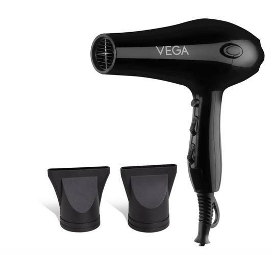 Vega VHDP-02 Professional Hair Dryer For Women & Men- (Pro Touch 1800-2000W) Cool Shot Button, 2 Heat/2 Speed Settings & 2 Detachable Nozzles|Black|2000 Watt