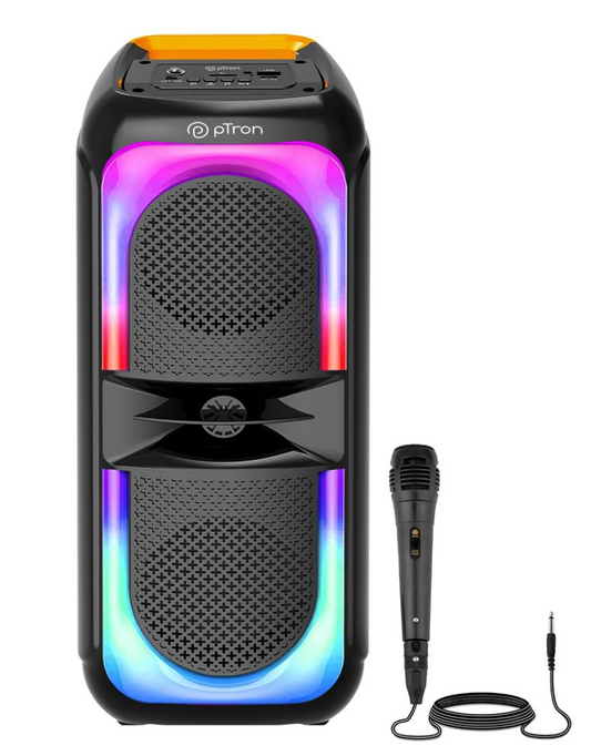 pTron Fusion Beats 40W Karaoke Bluetooth Party Speaker with Loud & Clear Stereo Sound, Vivid RGB Lights, 3 mtr Wired Mic, BT/USB/SD Card Playback, Portable Speaker & Type C Fast Charging (Royal Black)