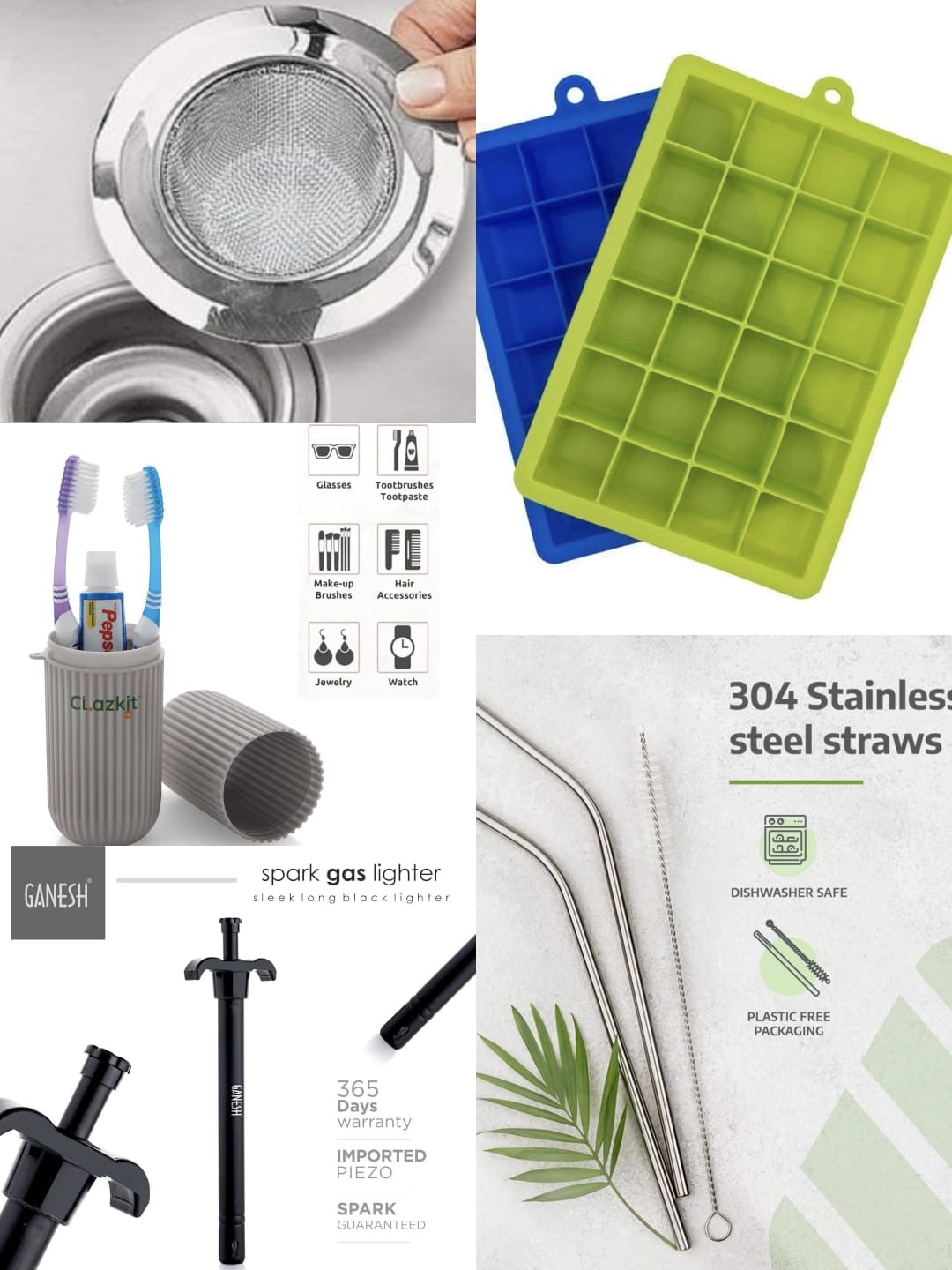 DAILY USE KITCHEN ESSENTIALS COMBO 🍴(Clazkit Silicone Ice Cube Trays 2 Pack, Rusabl Stainless Steel Straws (Pack of 4, Silver), Clazkit Plastic Box Storage Organizer Cover, Ganesh Stainless Steel Sink Strainer, Ganesh Spark Gas Lighter