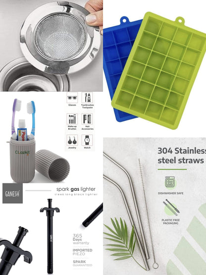 DAILY USE KITCHEN ESSENTIALS COMBO 🍴(Clazkit Silicone Ice Cube Trays 2 Pack, Rusabl Stainless Steel Straws (Pack of 4, Silver), Clazkit Plastic Box Storage Organizer Cover, Ganesh Stainless Steel Sink Strainer, Ganesh Spark Gas Lighter