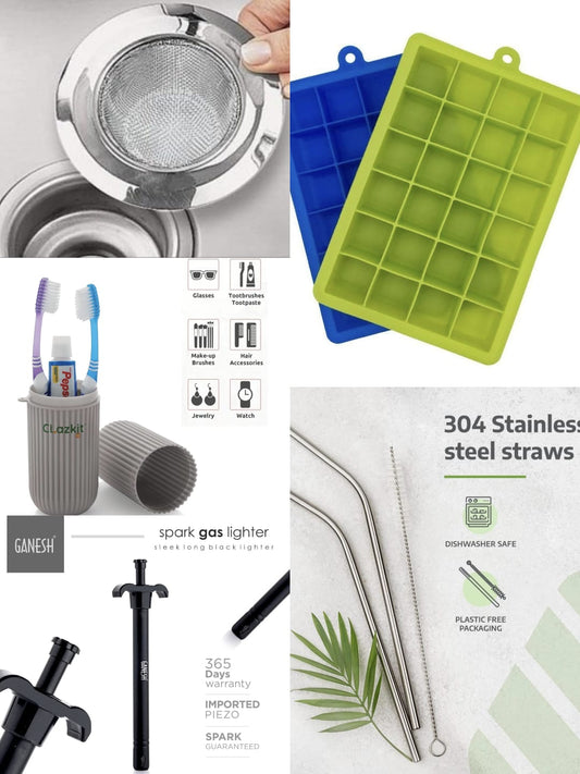 DAILY USE KITCHEN ESSENTIALS COMBO 🍴(Clazkit Silicone Ice Cube Trays 2 Pack, Rusabl Stainless Steel Straws (Pack of 4, Silver), Clazkit Plastic Box Storage Organizer Cover, Ganesh Stainless Steel Sink Strainer, Ganesh Spark Gas Lighter