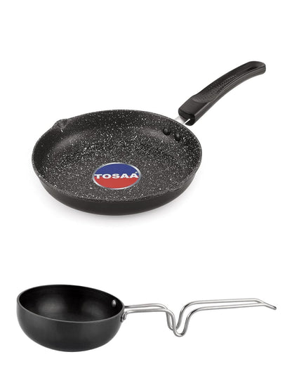 PAN COMBO 🍴(Tosaa Non Stick Diecast Mini Pan 17Cm,Black & The Earth Store Ecoluxe Iron Tadka Pan, 100mm, Black)