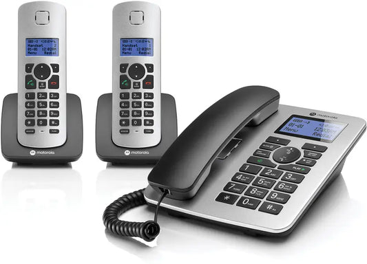MOTOROLA C4202 Corded Phone With Caller Id, Answering System, And 2 Cordless Handsets Corded & Cordless Landline Phone with Answering Machine (Silver)