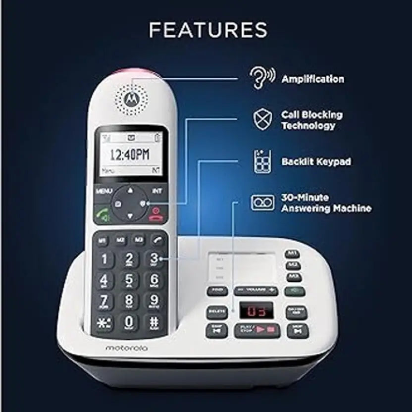 MOTOROLA CD5014 Cordless Phone with Answering Machine Call Block and Volume 4 Handsets Cordless Landline Phone with Answering Machine (White, Black)