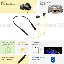 realme Buds Wireless 2S with Dual Device Switching & Type C Fast Charge Bluetooth Headset  (Black, Yellow, In the Ear)