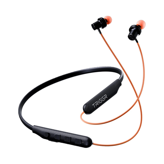TRIGGR Bassplugs 100 Neckband, Dedicated Switch, 40H Battery, Dual Pairing, Fast Charge Bluetooth Headset (Orange, In the Ear)