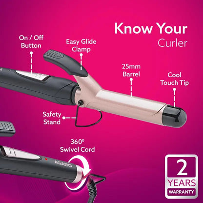 AGARO HC7001 Hair Curler with 19MM Barrel, Rod, Tong, Tourmaline Infused Ceramic Coated Plates, Cool Touch Tip, Fast Heating, for Women, Long and Short Hair Curling, Styling, Black & Rose Gold