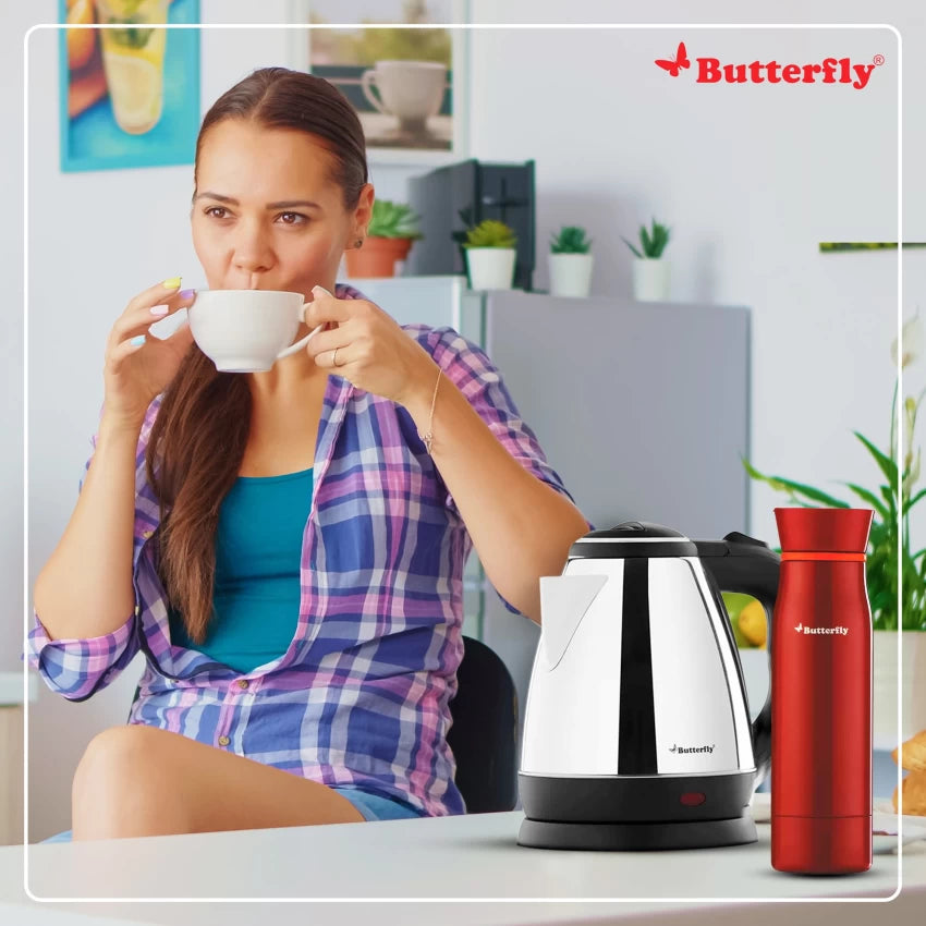 Butterfly Rapid Electric Kettle (1.5 L, Black) & H&O 500ML Flask (Terracotta Red)#JustHere