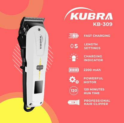 KUBRA KB-309 Professional Hair Clipper Trimmer 150 min  Runtime 4 Length Settings