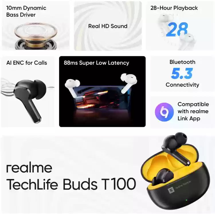 realme Techlife Buds T100 with up to 28 Hours Playback & AI ENC for Calls Bluetooth Headset  (Black, True Wireless)