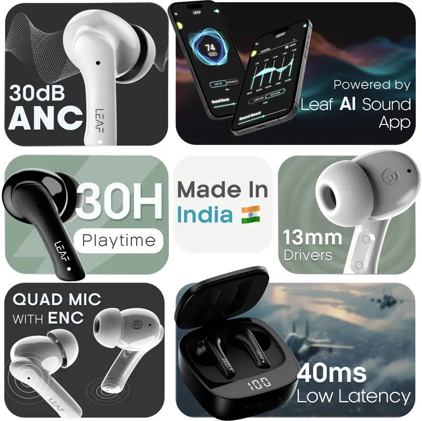 Leaf Buds X614 ANC, Active Noise Cancellation (30dB), AI SOUND App, 32H Playtime Bluetooth  (Carbon Black, In the Ear)