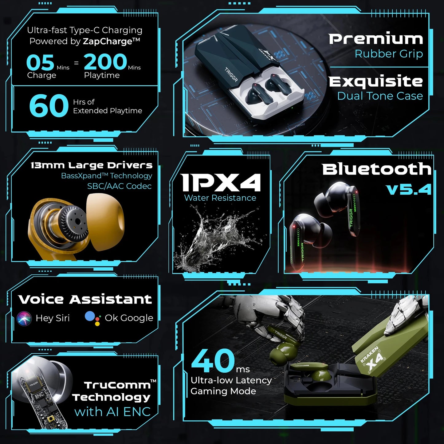 TRIGGR Kraken X4 with 13mm Drivers, 40ms Latency, ENC, 60H Battery, Rubber Finish, v5.4 Bluetooth Gaming Headset (Azure Blue, True Wireless