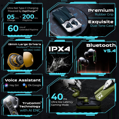 TRIGGR Kraken X4 with 13mm Drivers, 40ms Latency, ENC, 60H Battery, Rubber Finish, v5.4 Bluetooth Gaming Headset (Azure Blue, True Wireless