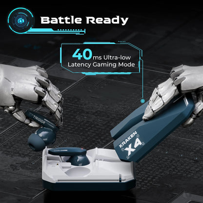TRIGGR Kraken X4 with 13mm Drivers, 40ms Latency, ENC, 60H Battery, Rubber Finish, v5.4 Bluetooth Gaming Headset (Azure Blue, True Wireless