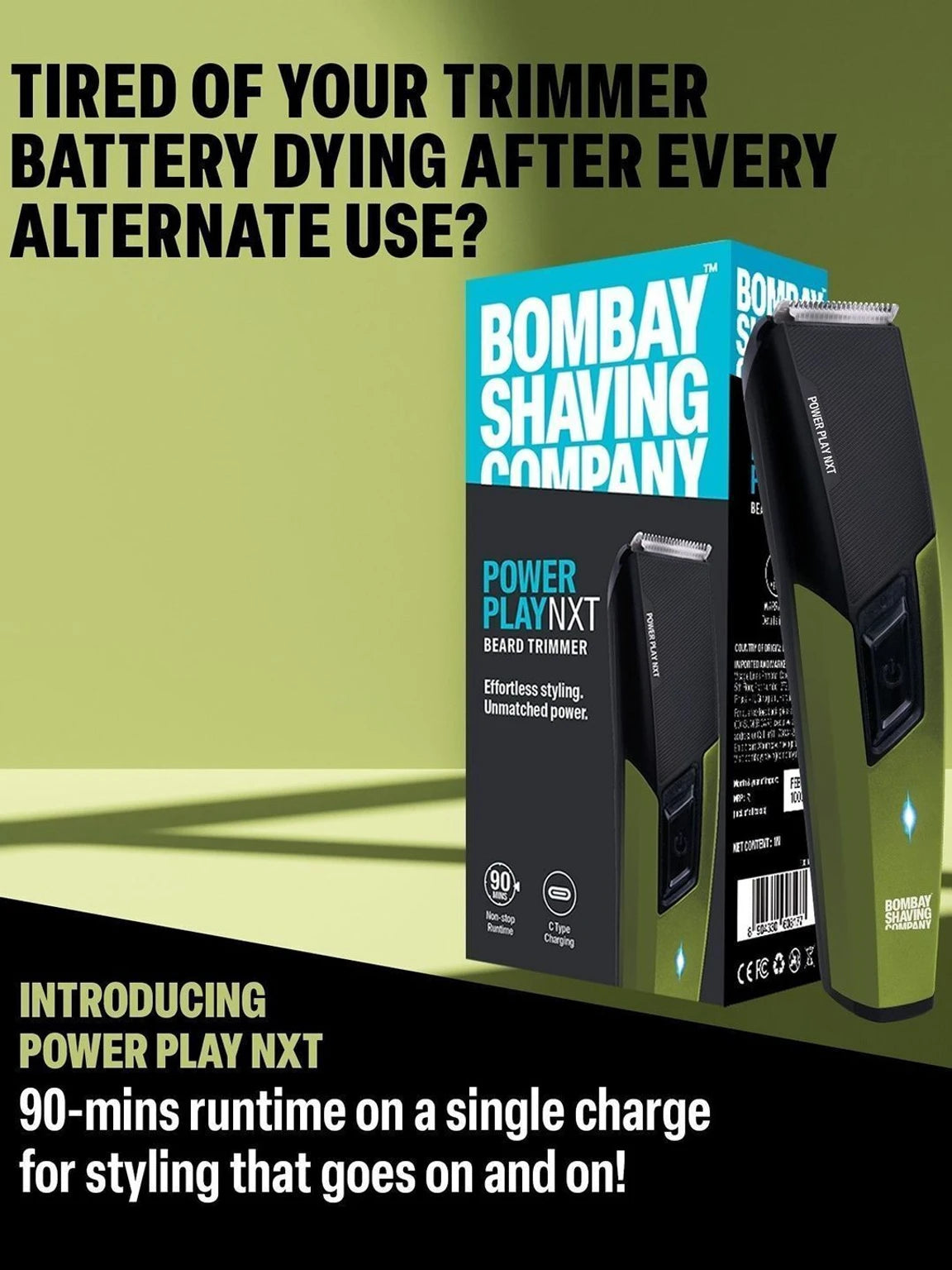 Bombay Shaving Company Power Play NXT Trimmer, 9 Weeks of trimming, 90 mins run time with Type C, 6 comb attachments, Self sharpening blades | Trimmer for Men