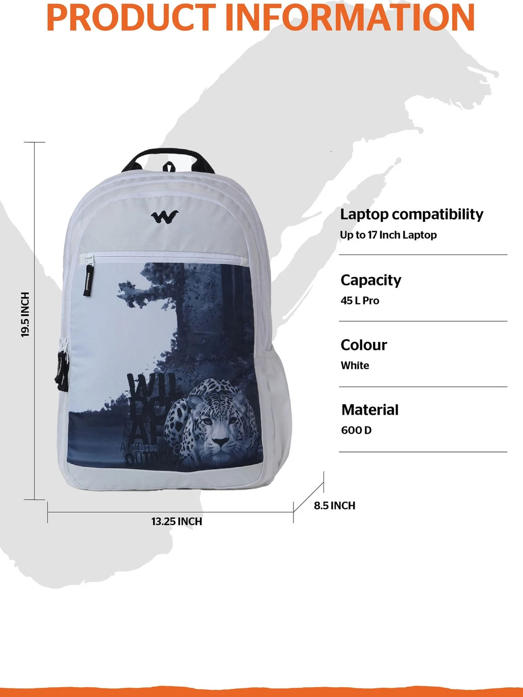 Wildcraft Large 45 L Laptop Backpack Roarer_LPBP_45L Pro_White (White)