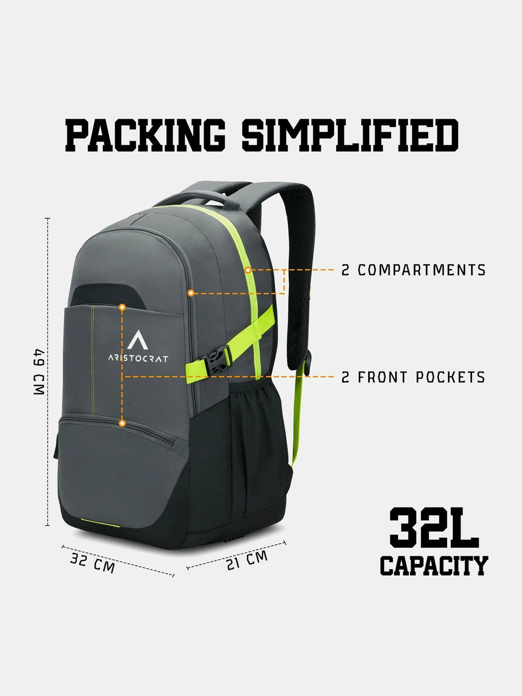 ARISTOCRAT Large 32 L Laptop Backpack Charge With Multiple Utility Pockets & Rain Cover (Grey)