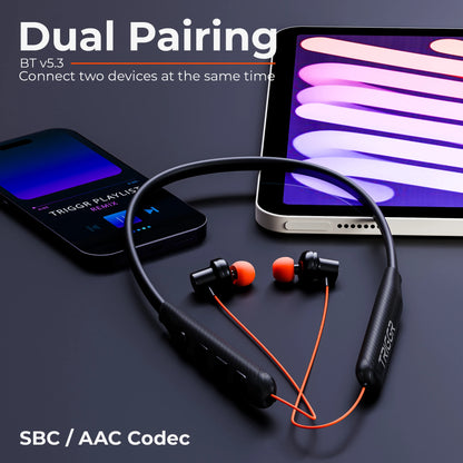TRIGGR Bassplugs 100 Neckband, Dedicated Switch, 40H Battery, Dual Pairing, Fast Charge Bluetooth Headset (Orange, In the Ear)