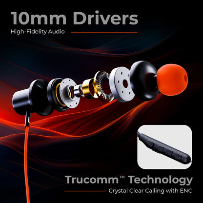 TRIGGR Bassplugs 100 Neckband, Dedicated Switch, 40H Battery, Dual Pairing, Fast Charge Bluetooth Headset (Orange, In the Ear)