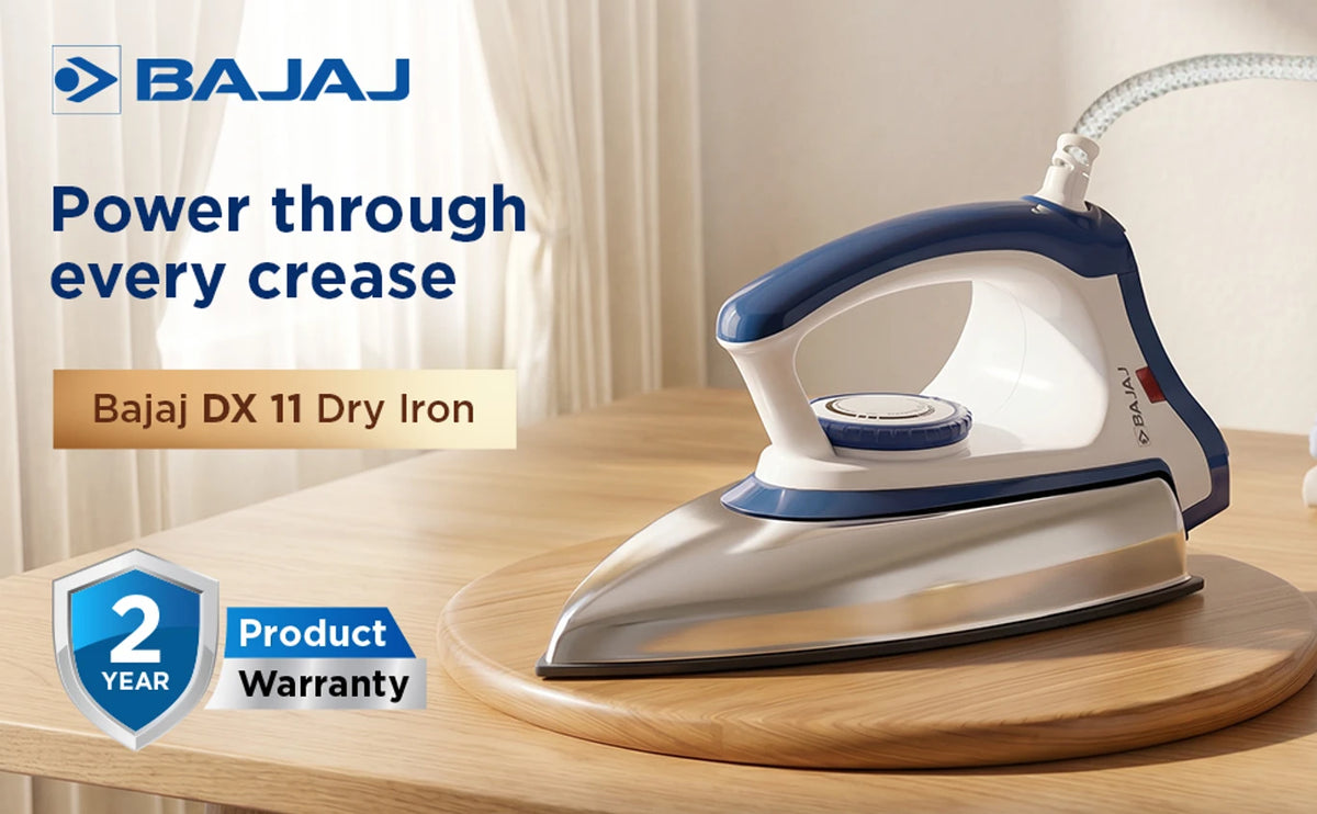 Bajaj Majesty DX-11 1000W Dry Iron with Advance Soleplate and Anti-bacterial German Coating Technology, White and Blue