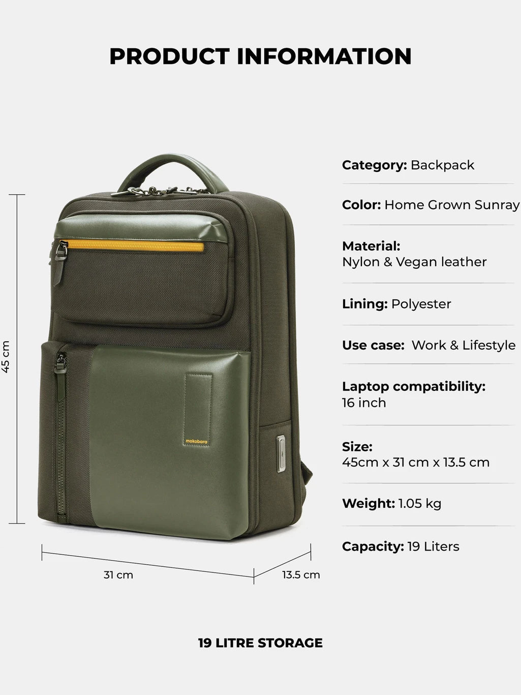 Mokobara Small 19 L Laptop Backpack The Work 2.0 (Green, Yellow)