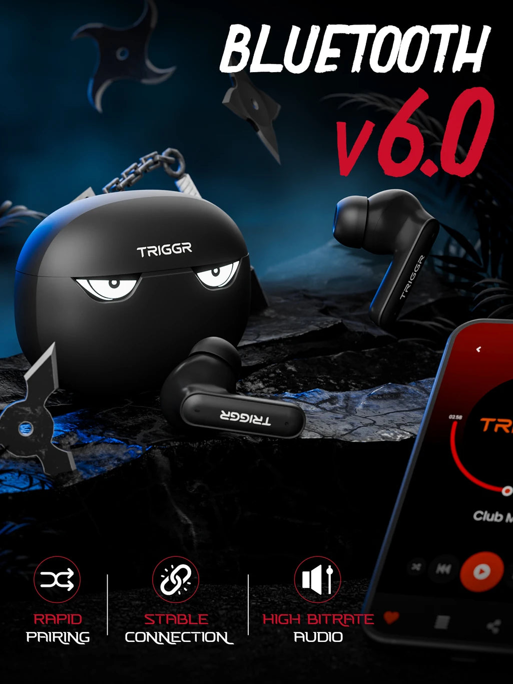 TRIGGR Kraken X5 with 50H Battery, BT v6.0, 40 ms Low Latency, 4-Mic ENC, Rapid Pairing Bluetooth Headset (Cyber Black, True Wireless)