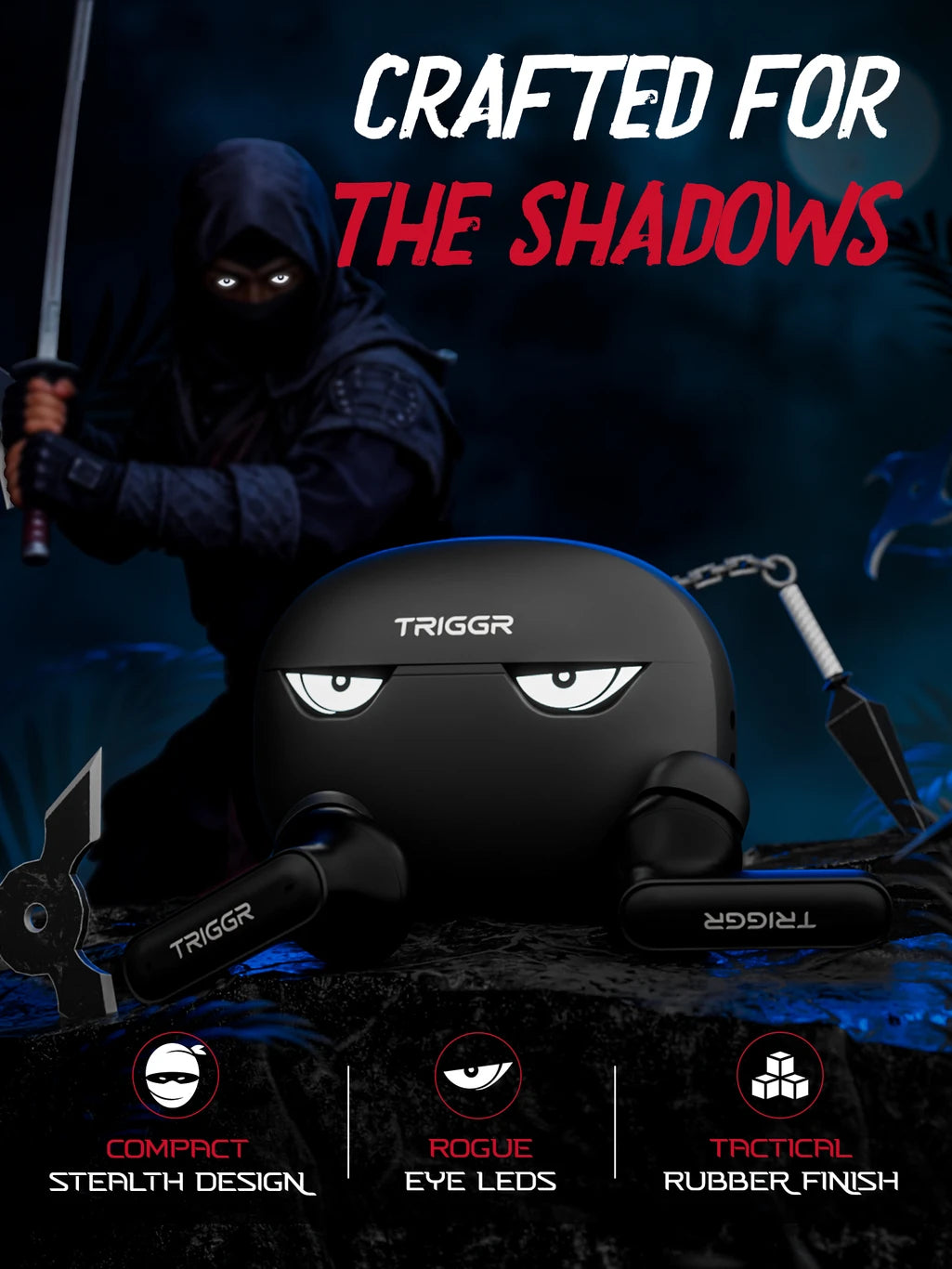 TRIGGR Kraken X5 with 50H Battery, BT v6.0, 40 ms Low Latency, 4-Mic ENC, Rapid Pairing Bluetooth Headset (Cyber Black, True Wireless)