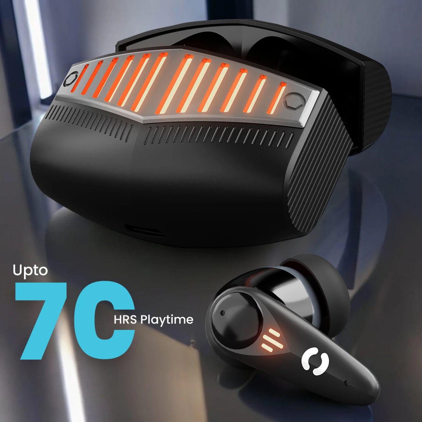 HOPPUP Predator Xo7 Gaming Earbuds with 35MS Low Latency, 13MM Drivers & Quad Mic ENC Bluetooth Headset (Blue, Gold, True Wireless)