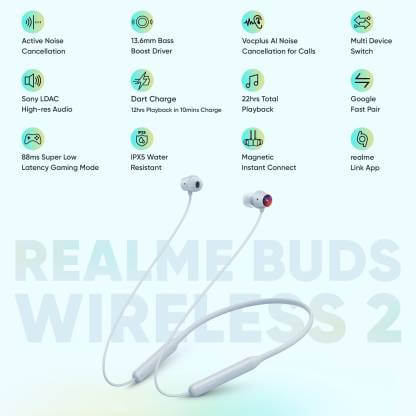 Realme Buds Wireless 2 Neckband with Dart Charge and Active Noise Cancellation, Battery life: 22 hrs | Charging time: 50 mins(Grey, In the Ear)