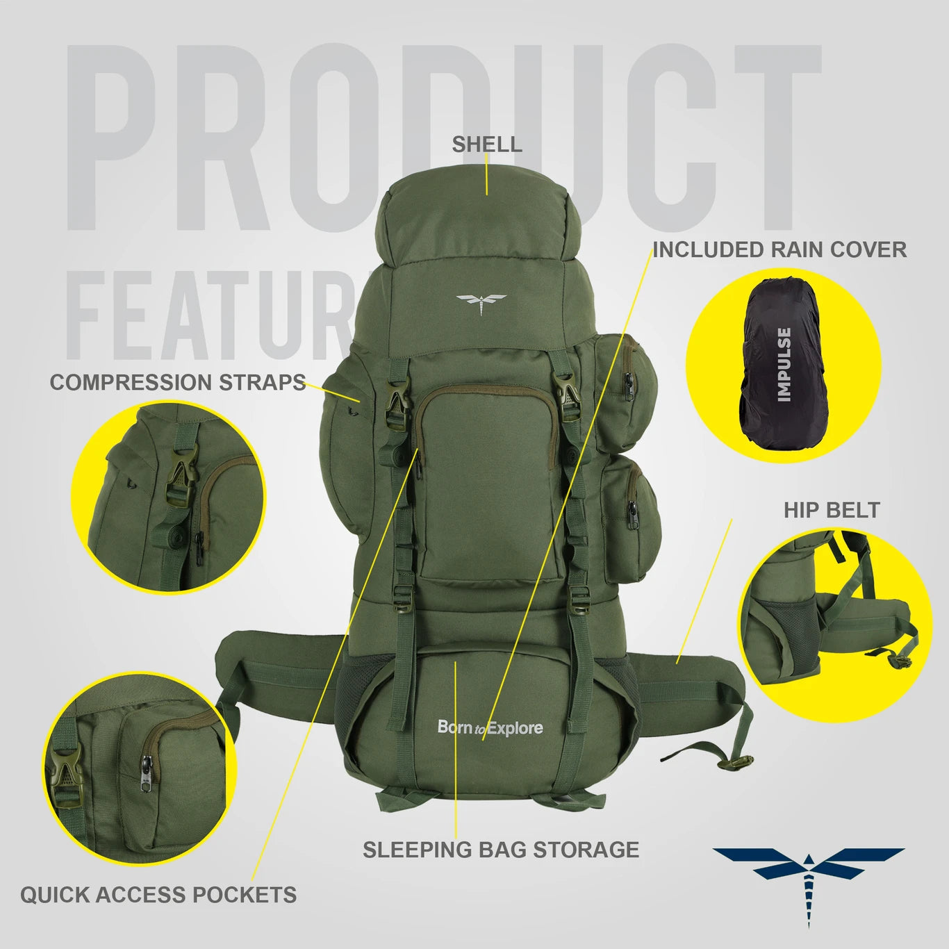IMPULSE Rucksack bag travel bag for men tourist bag backpack for hiking trekking camping Rucksack  - 75 L (Green, Silver)