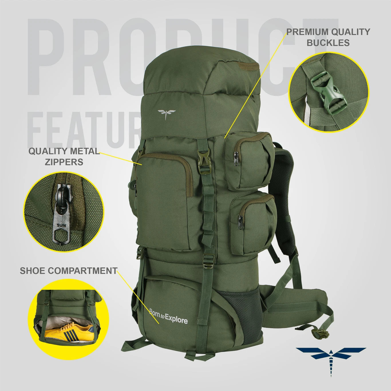 IMPULSE Rucksack bag travel bag for men tourist bag backpack for hiking trekking camping Rucksack  - 75 L (Green, Silver)