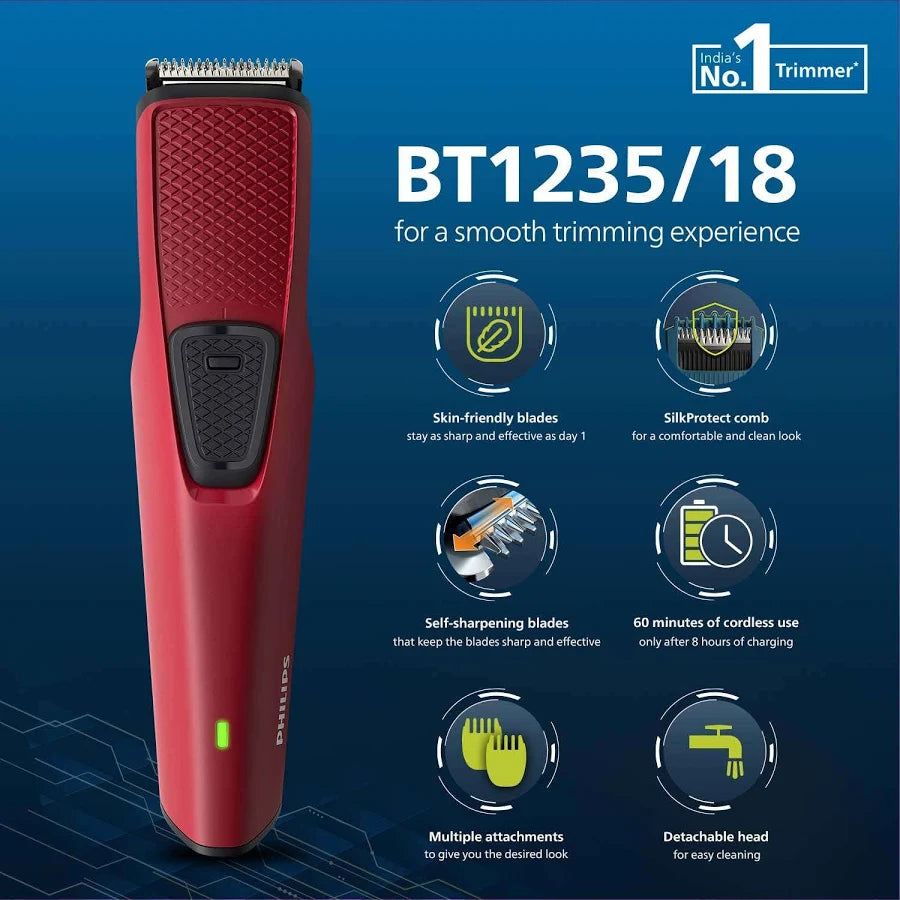 PHILIPS BT1235/18 Trimmer 60 min  Runtime 4 Length Settings (Maroon)