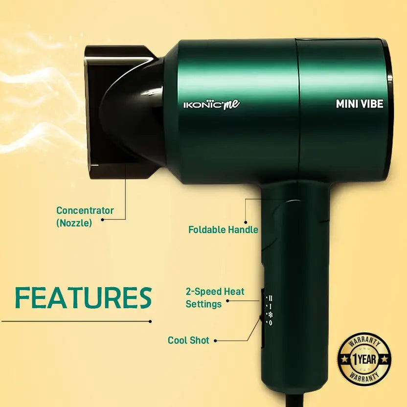 Ikonic Mini Vibe Hair Dryer 1200W with 2 Speed Setting Cool Shot Overheat Protection, Compact Design, Travel Friendly,Glossy Finish Look, All Hair Type