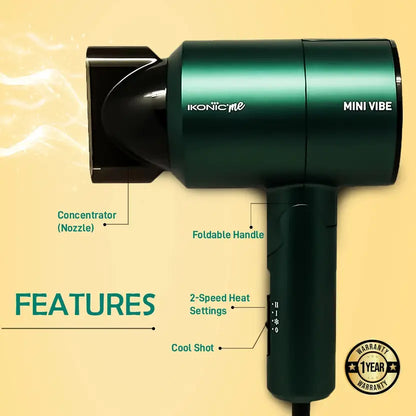 Ikonic Mini Vibe Hair Dryer 1200W with 2 Speed Setting Cool Shot Overheat Protection, Compact Design, Travel Friendly,Glossy Finish Look, All Hair Type